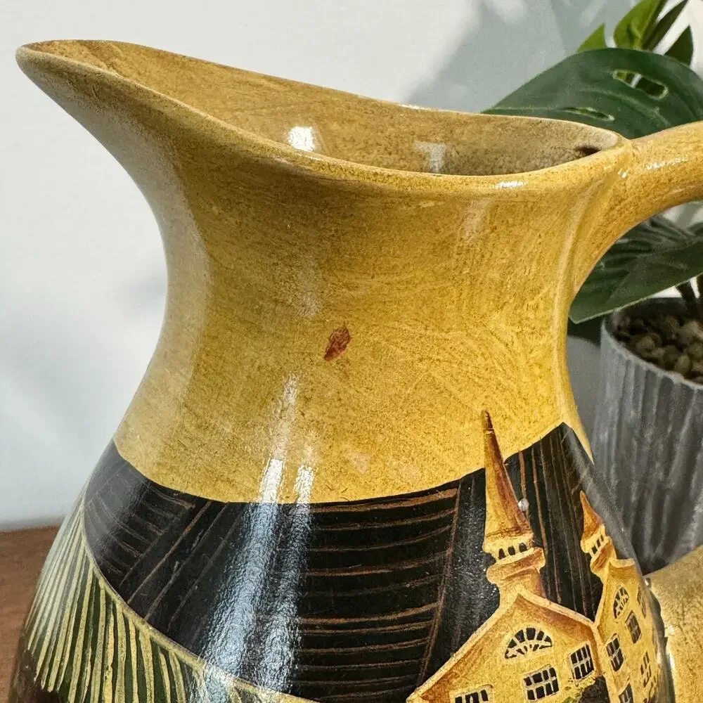 Vintage Colonial Scene Country Pitcher Vase Hand painted Ceramic